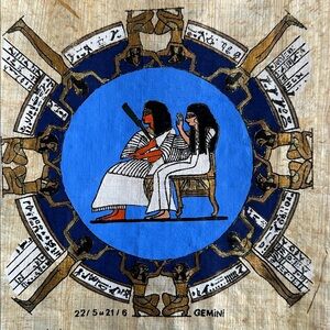 Egyptian EUC papyrus Gemini painting.Vintage original from Egypt. Appx. 8x9-1/2”